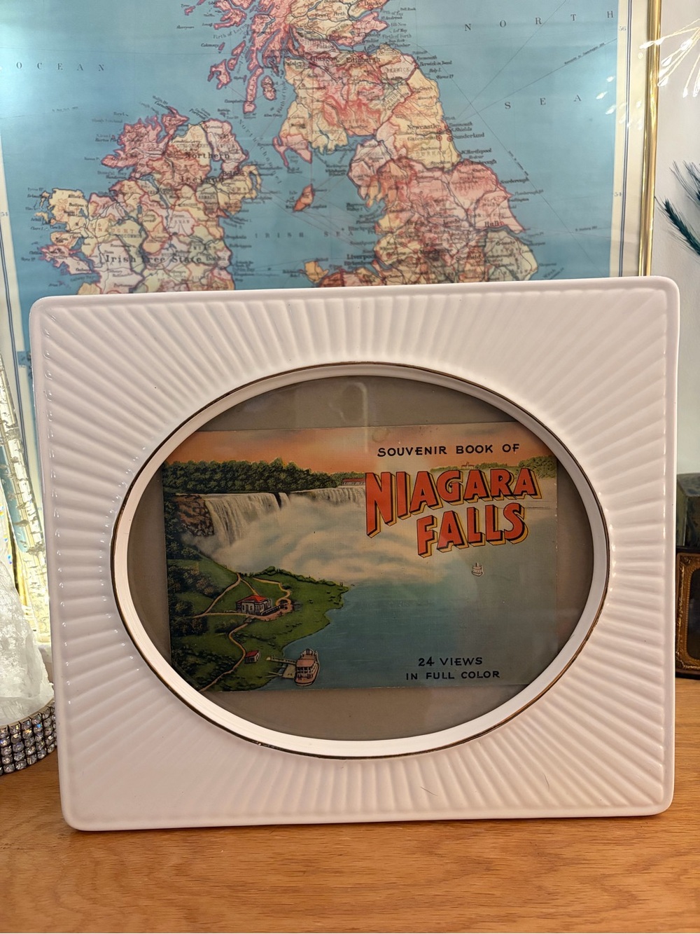 Rare Vintage Burnes of Boston Ceramic Sunburst Frame + 1940s Niagara Falls Book